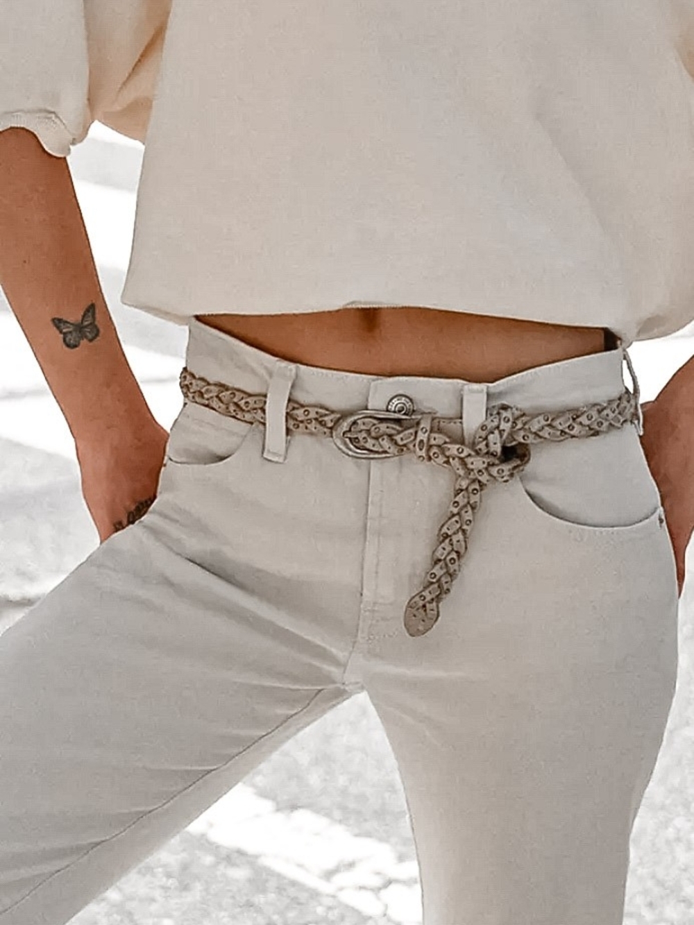 New Braided Leather Women's Sam Browne Sol Slim Studded White Belt In Bone Ivory